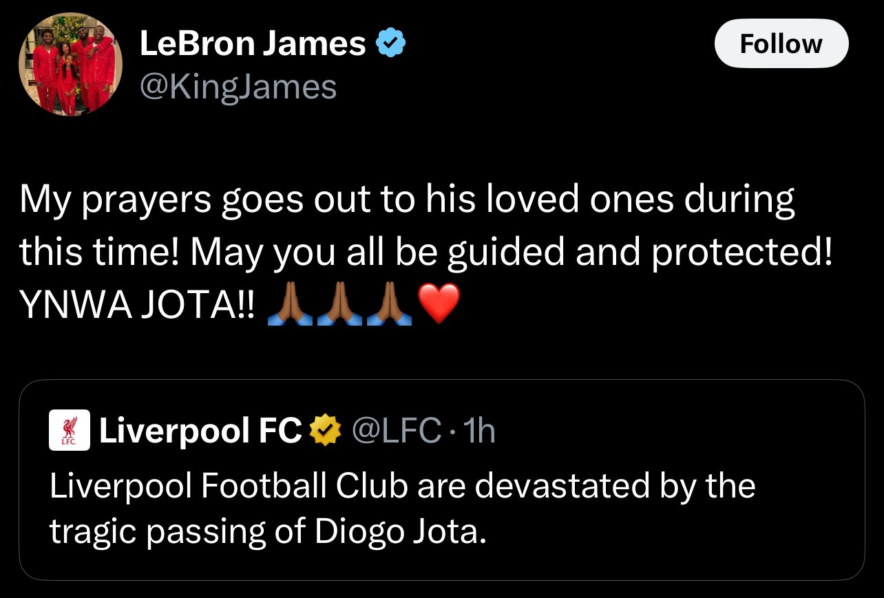 Cristiano Ronaldo, LeBron James lead tributes for Diogo Jota following tragic death