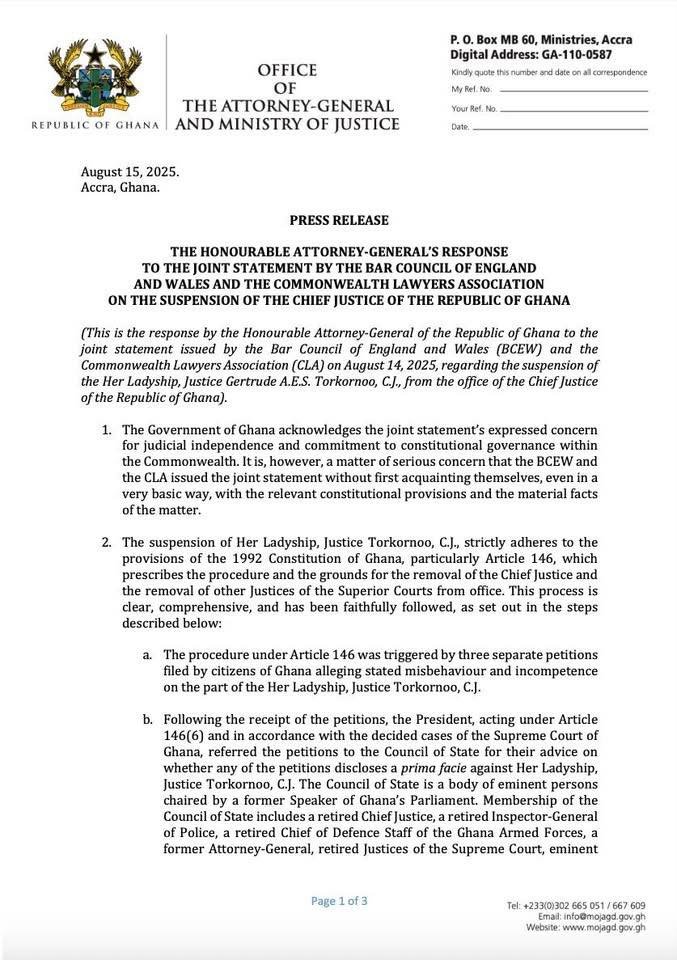 AG rejects demands by Bar Council, Commonwealth lawyers to reinstate suspended CJ Torkonoo