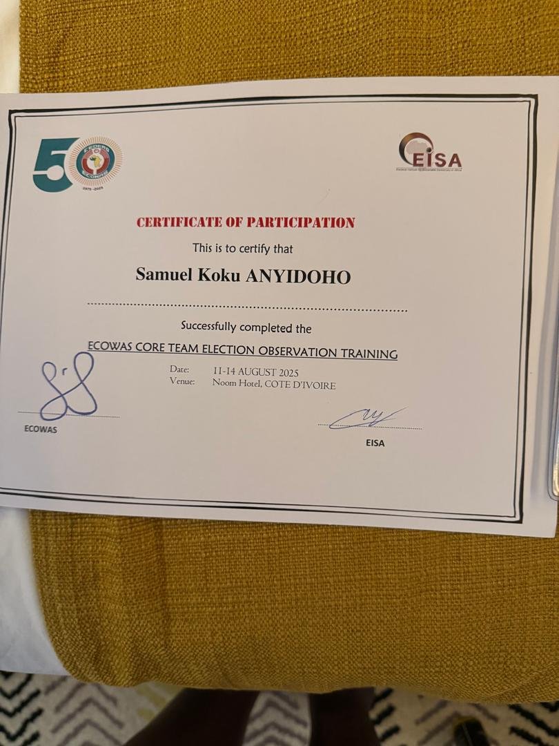 Koku Anyidoho accredited by EISA as Certified International Elections Observer