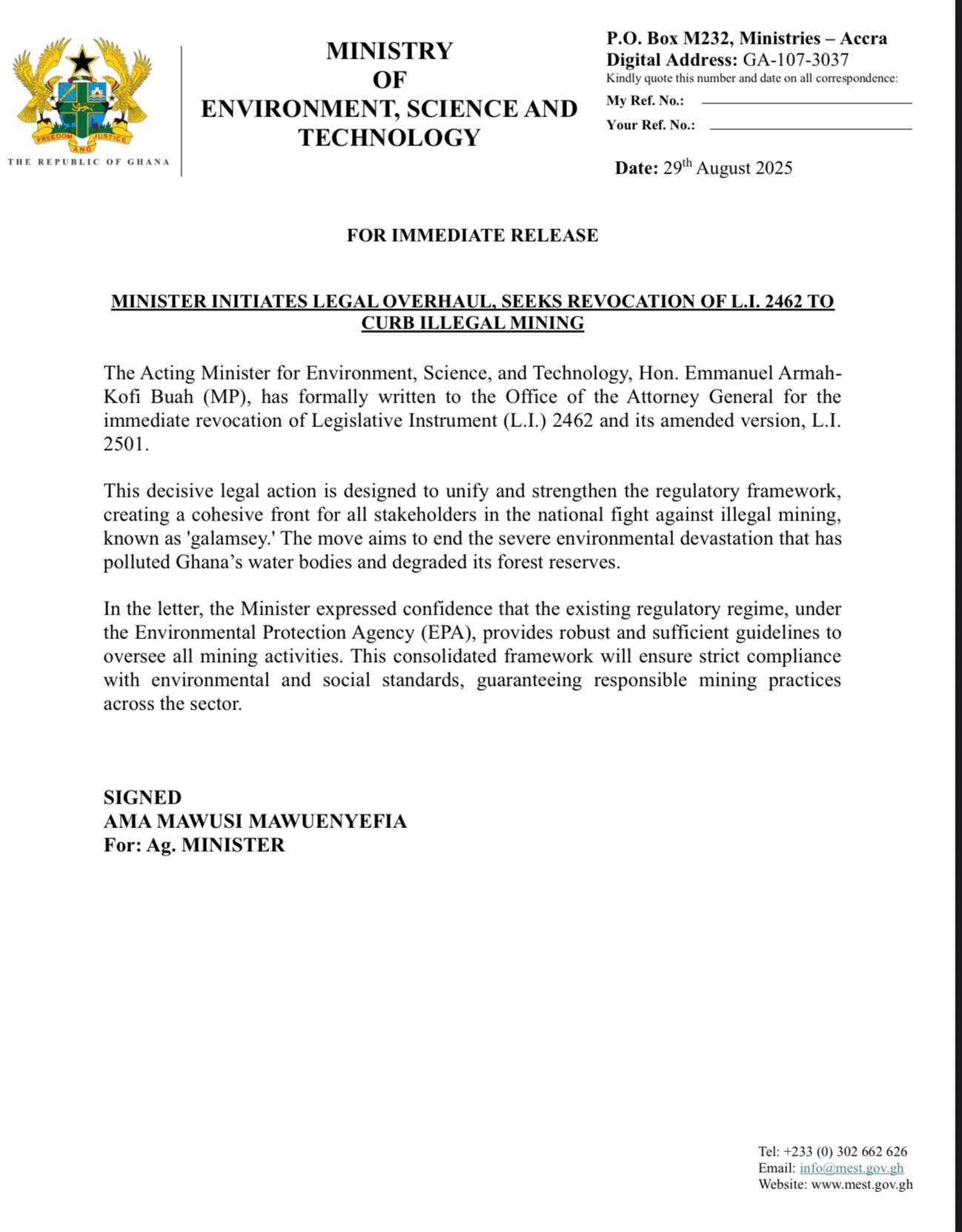 Ag. Environment Minister moves to revoke mining regulations in fresh push against galamsey
