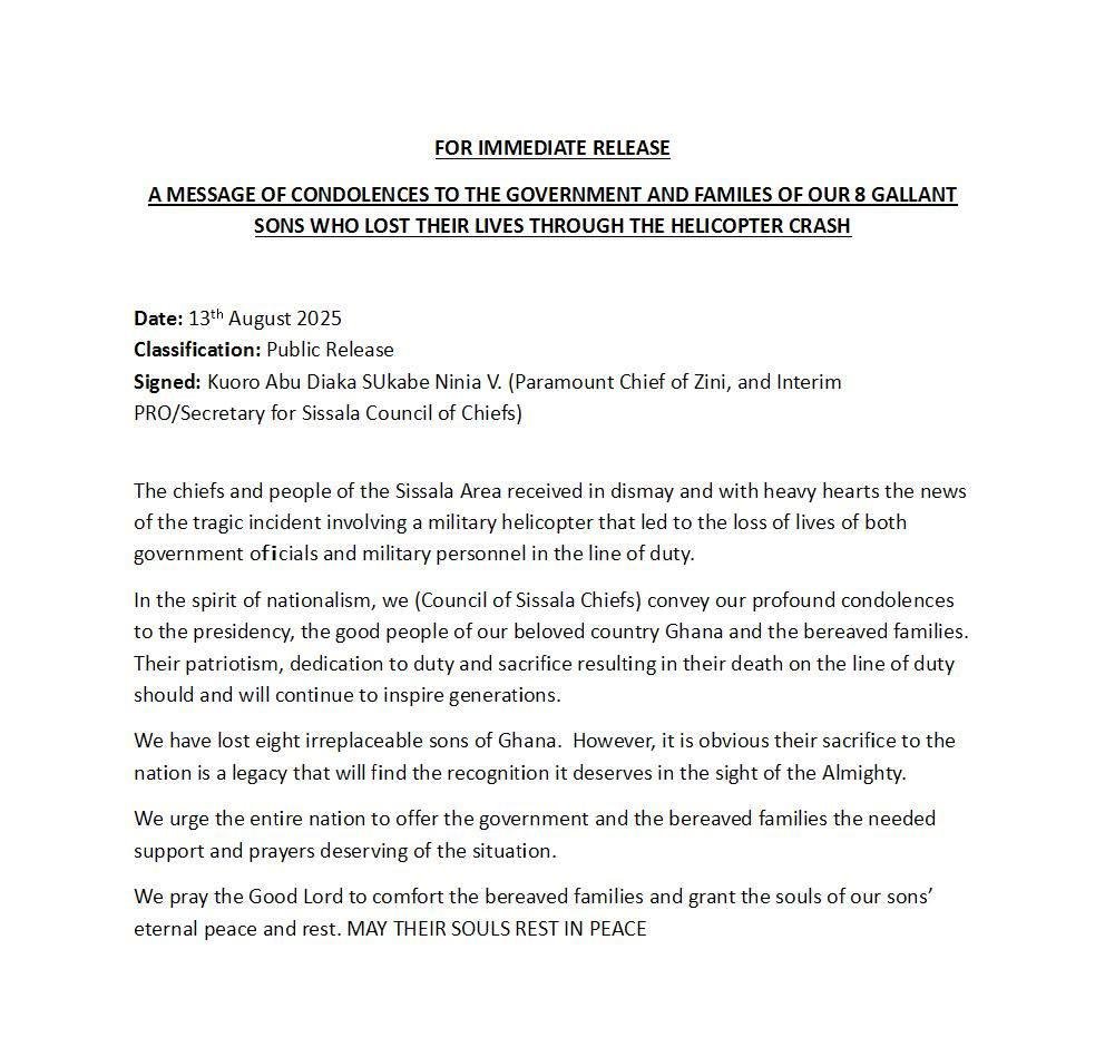 Helicopter crash: Sissala Council of Chiefs commiserates with bereaved families