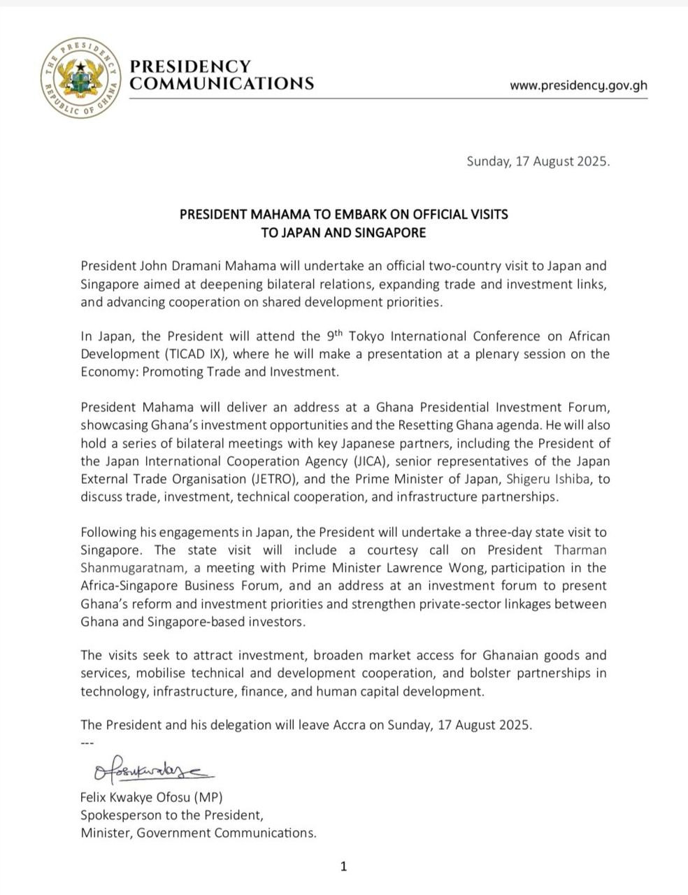 Mahama embarks on official visits to Japan and Singapore