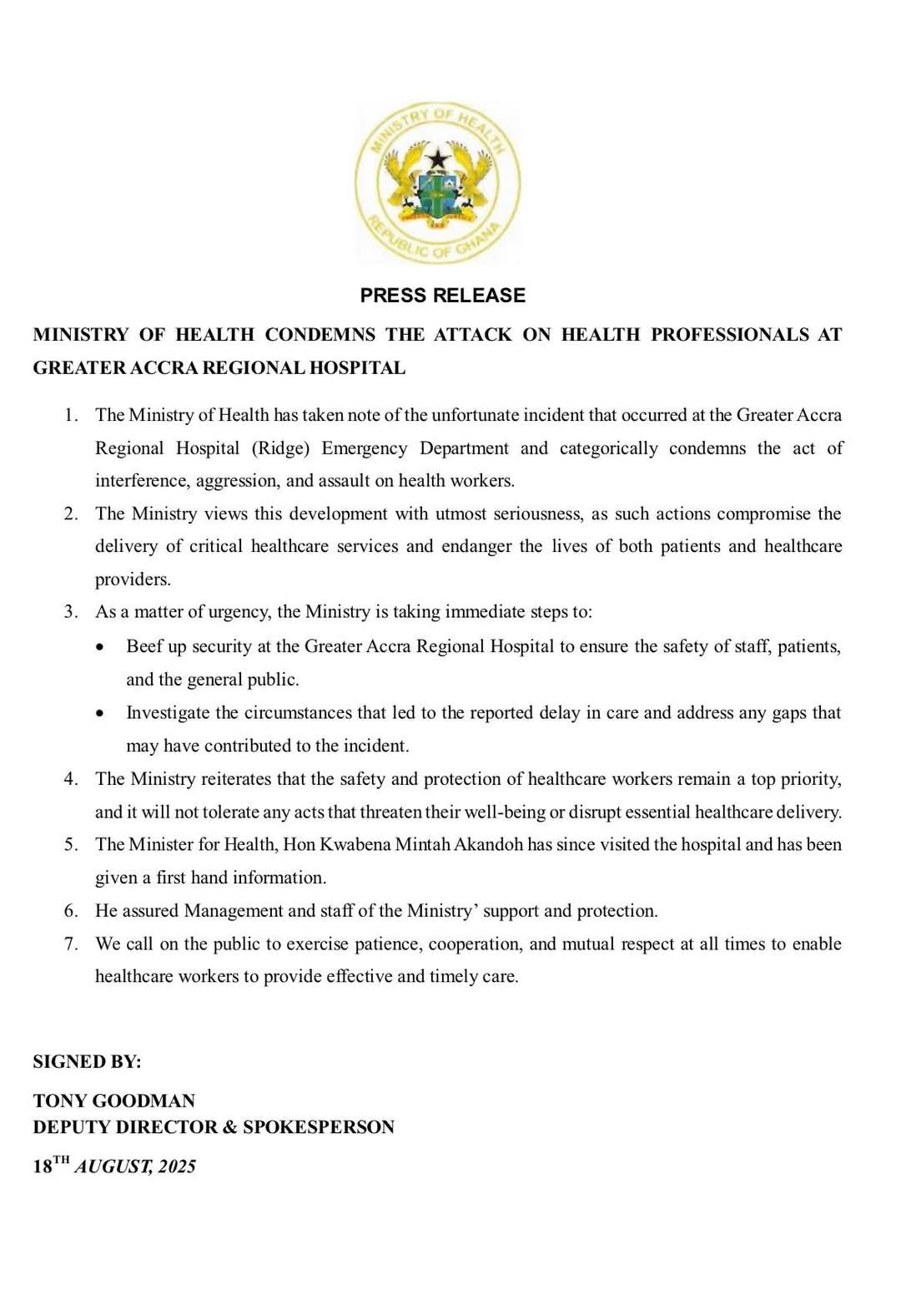 Health Ministry condemns assault on health workers at Ridge Hospital