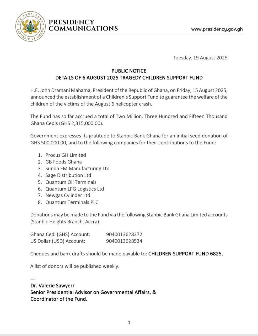 Children’s Support Fund for helicopter crash victims accrues GH¢2.3 million Children’s Support Fund for helicopter crash victims accrues GH¢2.3 million