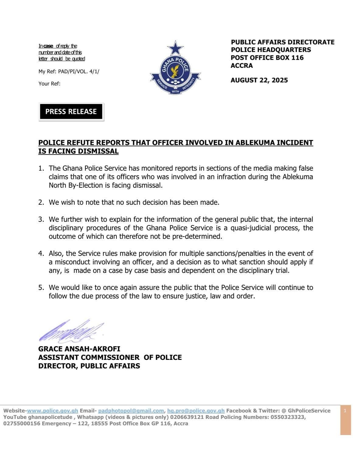 Police refute reports of dismissal of officer involved in Ablekuma North by-election incident