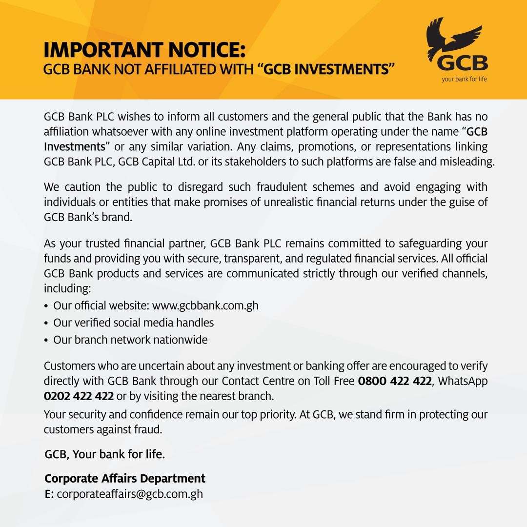 GCB Bank cautions public against fraudulent “GCB Investments” platform