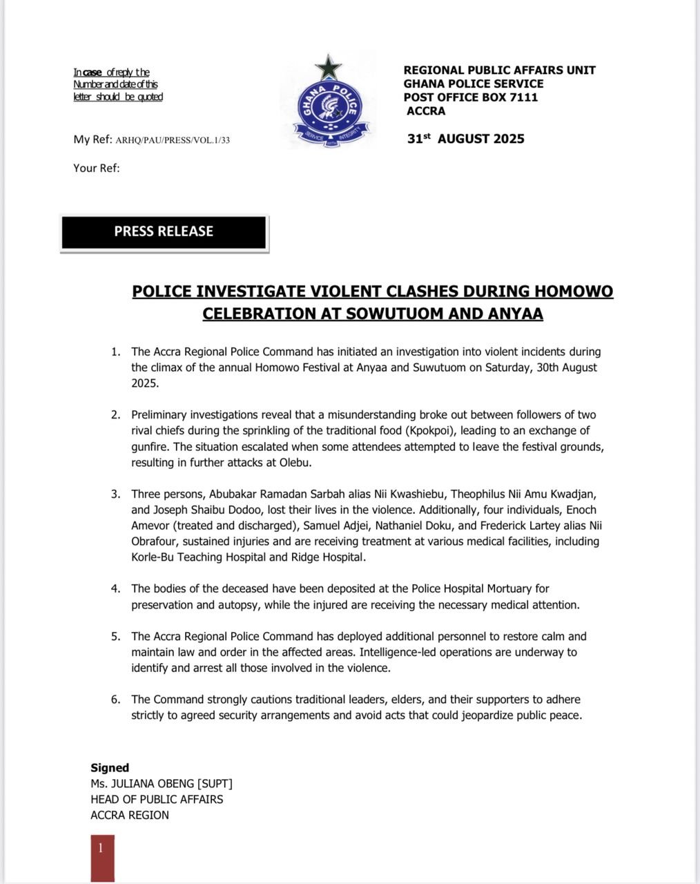 Police probe deadly clashes at Homowo Festival in Sowutuom and Anyaa