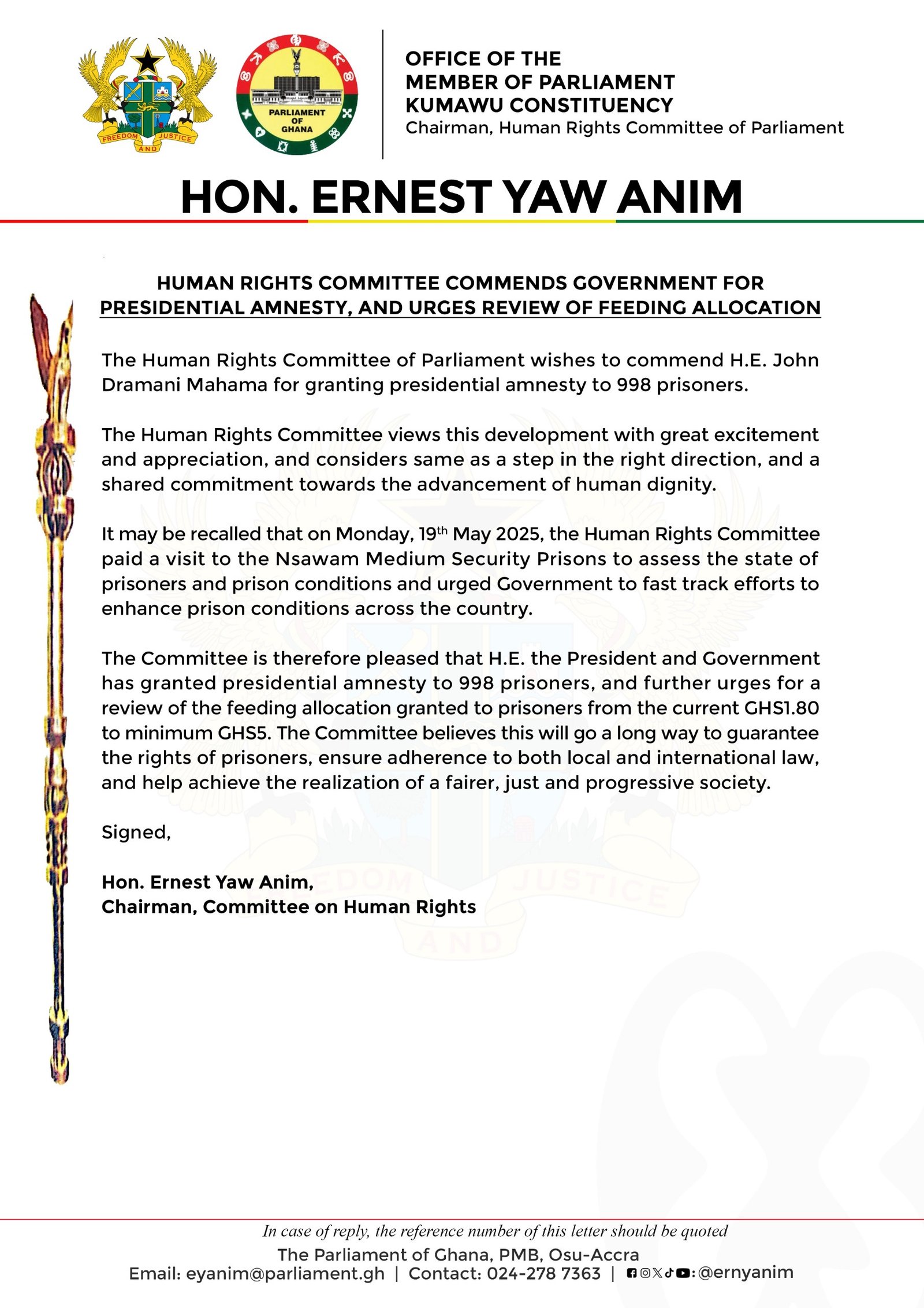 Parliament’s Human Rights Committee commends presidential amnesty, calls for improved prison feeding