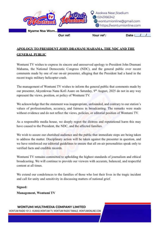 Wontumi TV apologises to Mahama, NDC over unfounded helicopter crash claims