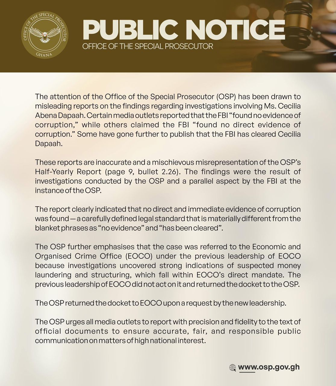 OSP clarifies 'misleading' claim on Cecilia Dapaah probe