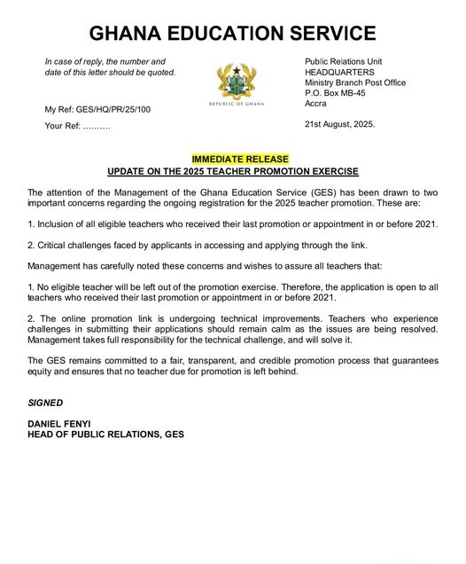 GES assures teachers amid concerns over 2025 promotion registration