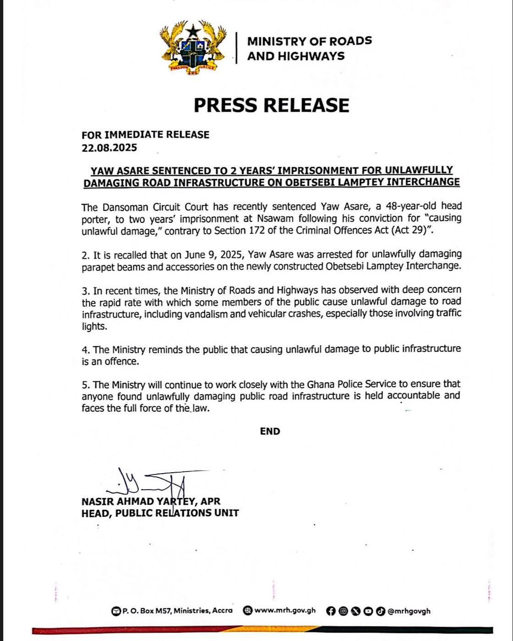 Head porter Jailed two years for damaging Obetsebi Lamptey interchange