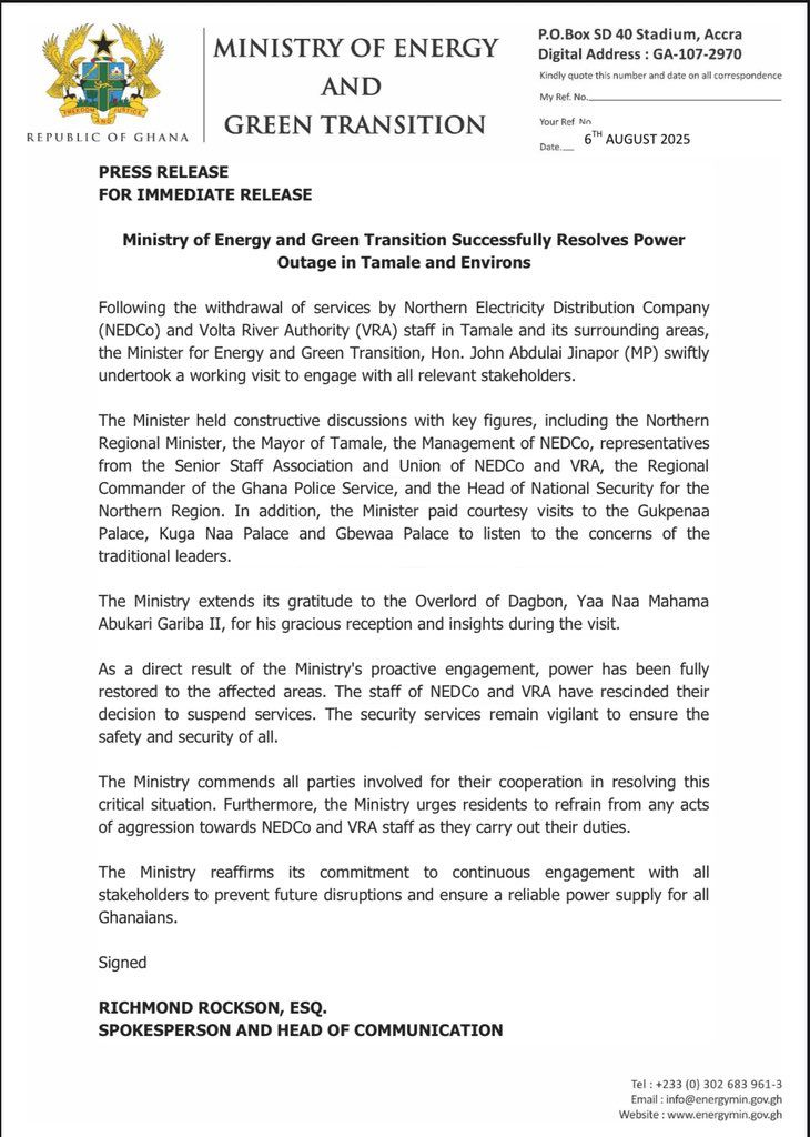 Power restored in Tamale after ministerial intervention Power restored in Tamale after ministerial intervention