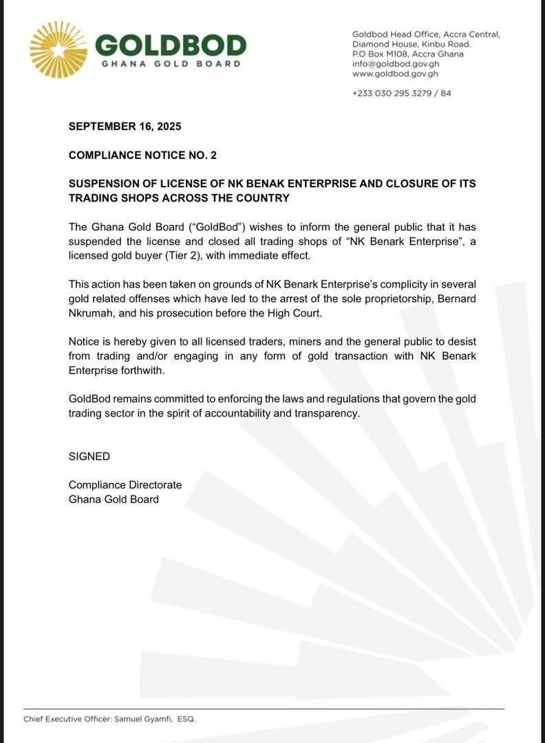 GoldBod suspends NK Benark Enterprise’s license over gold-related offences GoldBod suspends NK Benark Enterprise’s license over gold-related offences