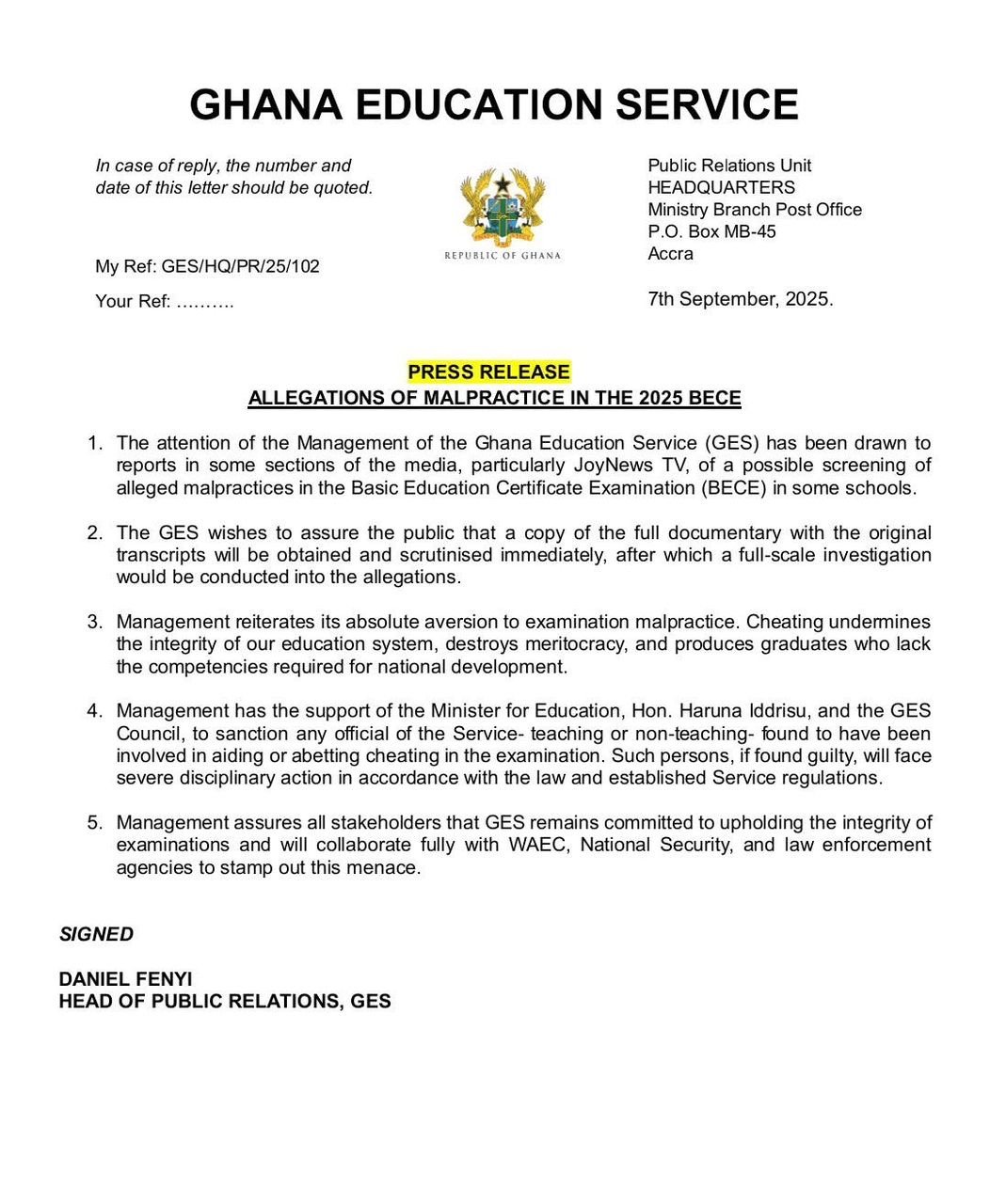 GES to probe allegations of malpractice in 2025 BECE GES to probe allegations of malpractice in 2025 BECE