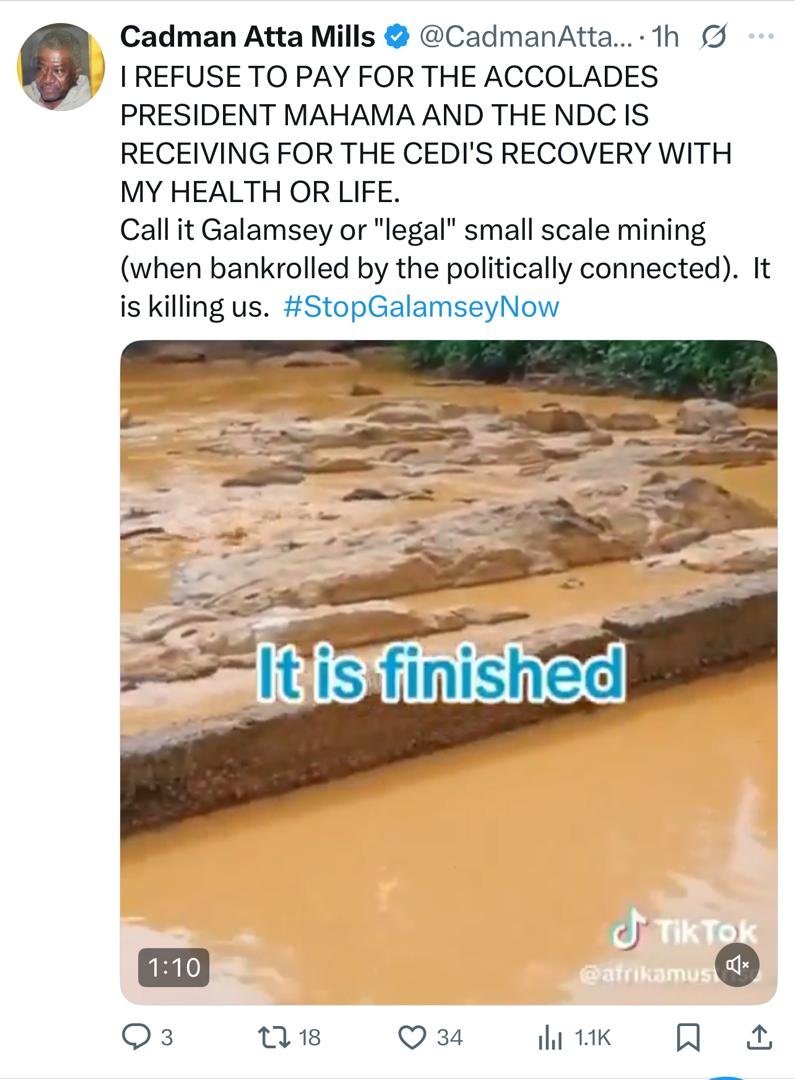 I refuse to pay for the accolades Mahama, NDC is receiving for cedi recovery with my life – Cadman Atta Mills