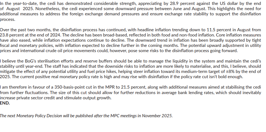 4 out of 6 MPC members voted for 350bps cut in policy rate - BoG