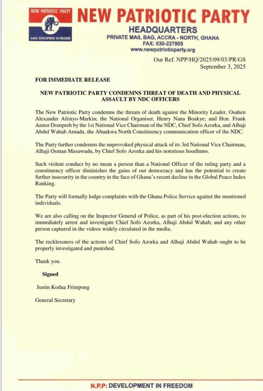 NPP condemns 'death threats' by NDC officers, calls for police action