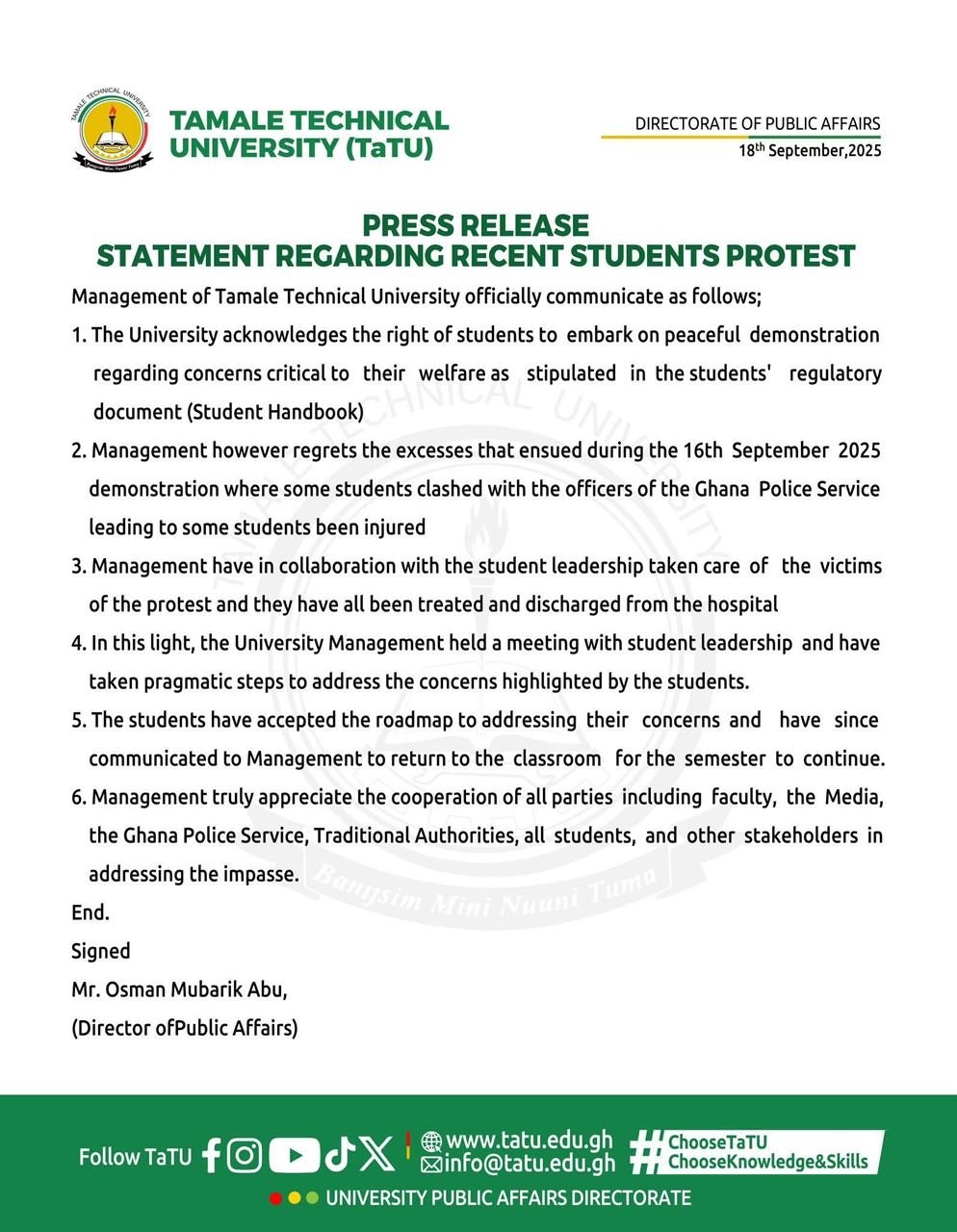Tamale Technical University resolves students’ protest, classes resume Tamale Technical University resolves students’ protest, classes resume