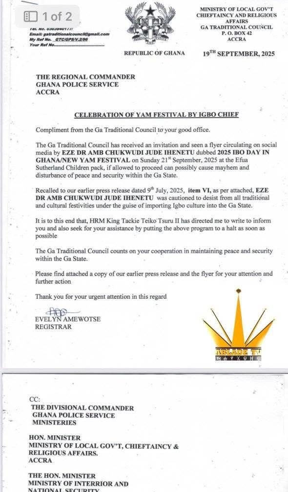 Ga Traditional Council opposes Igbo Yam Festival in Accra