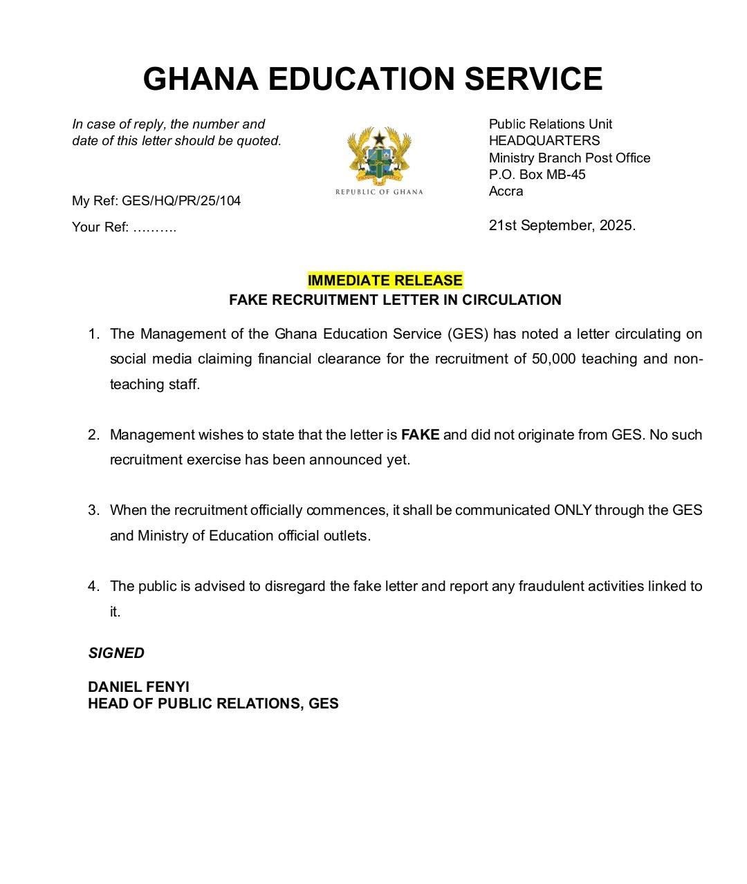 GES warns public against fake recruitment letter