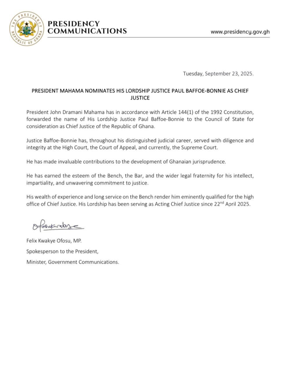 Baffoe-Bonnie serves with diligence and integrity - Presidency Baffoe-Bonnie serves with diligence and integrity - Presidency