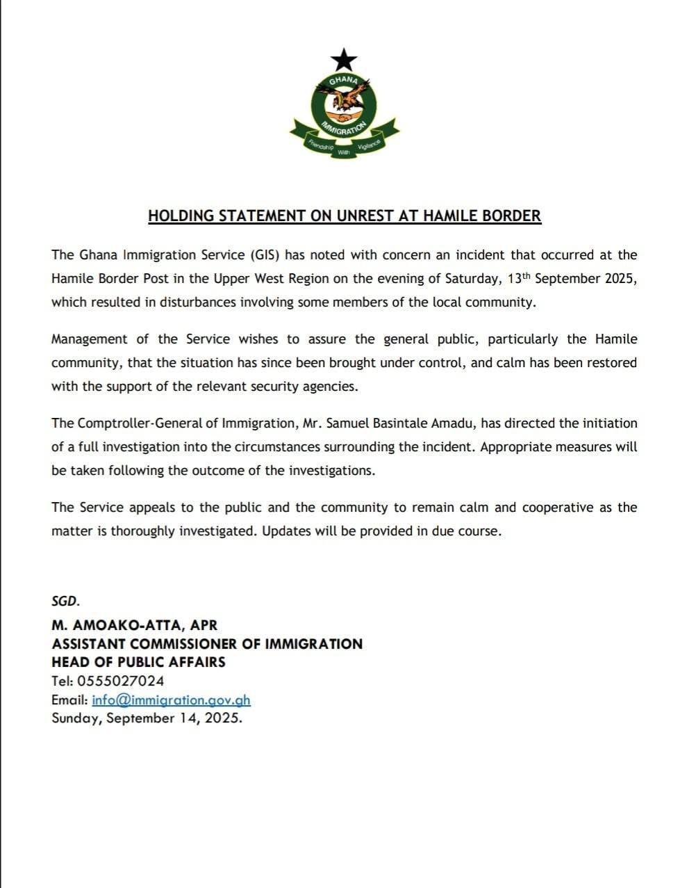 Ghana Immigration Service assures calm after disturbance at Hamile border post