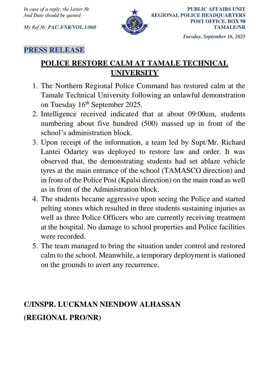 Police restore calm at Tamale Technical University after violent student protest
