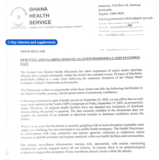 GHS dismisses reports of diarrhoea outbreak in Gomoa East GHS dismisses reports of diarrhoea outbreak in Gomoa East