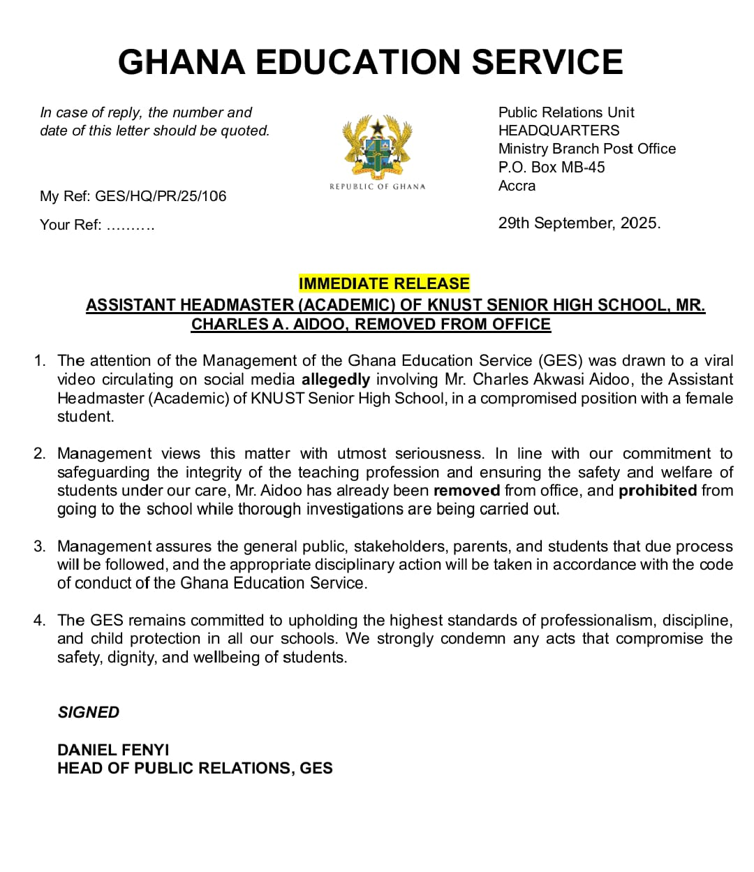 GES fires KNUST SHS Assistant Headmaster for fondling student GES fires KNUST SHS Assistant Headmaster for fondling student
