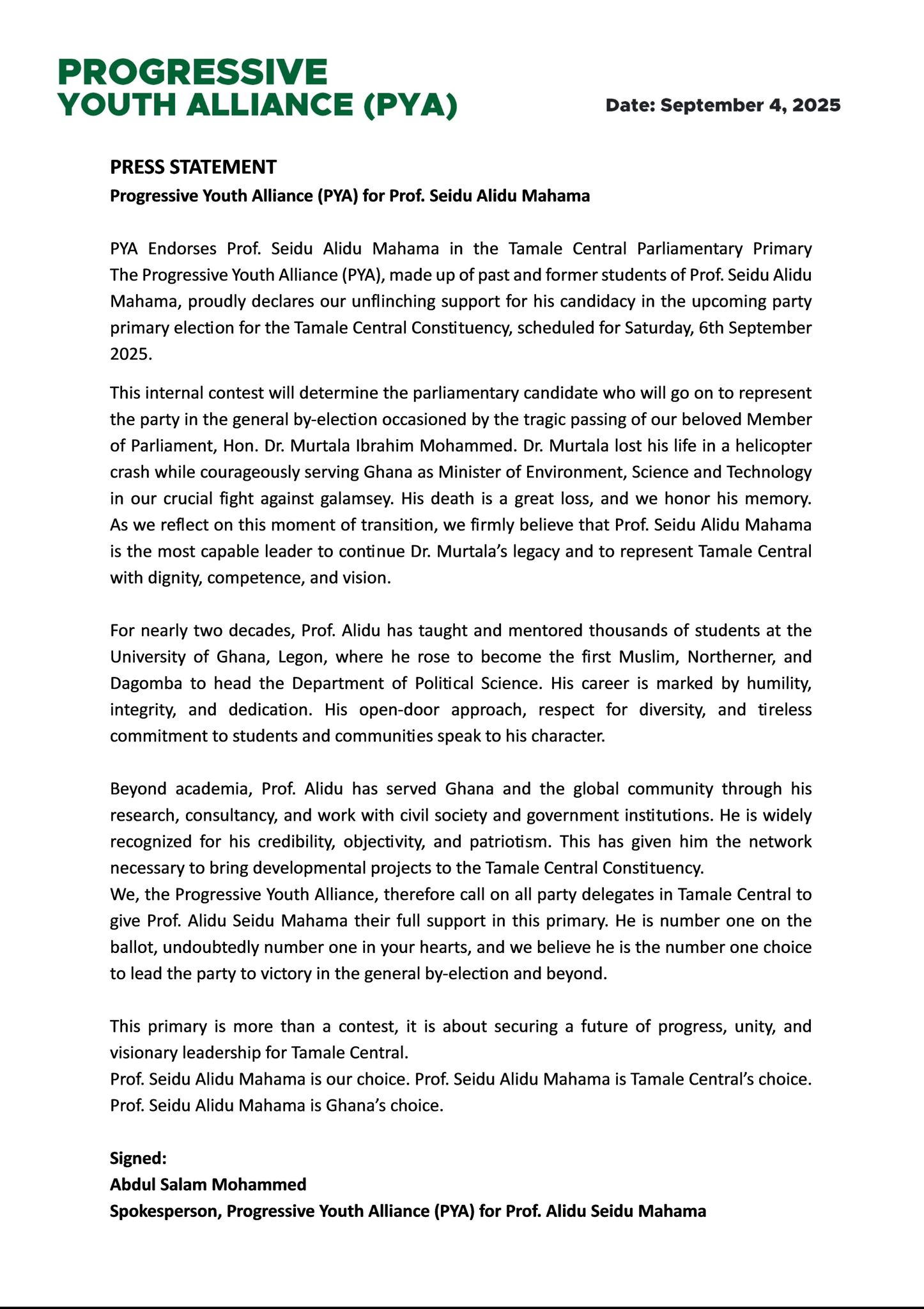 Progressive Youth Alliance endorses Prof Seidu Alidu Mahama for Tamale Central Progressive Youth Alliance endorses Prof Seidu Alidu Mahama for Tamale Central