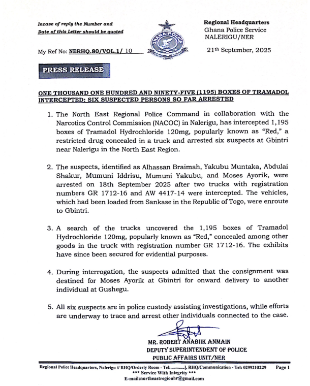 Over 1,000 boxes of tramadol intercepted in Nalerigu, six suspects arrested