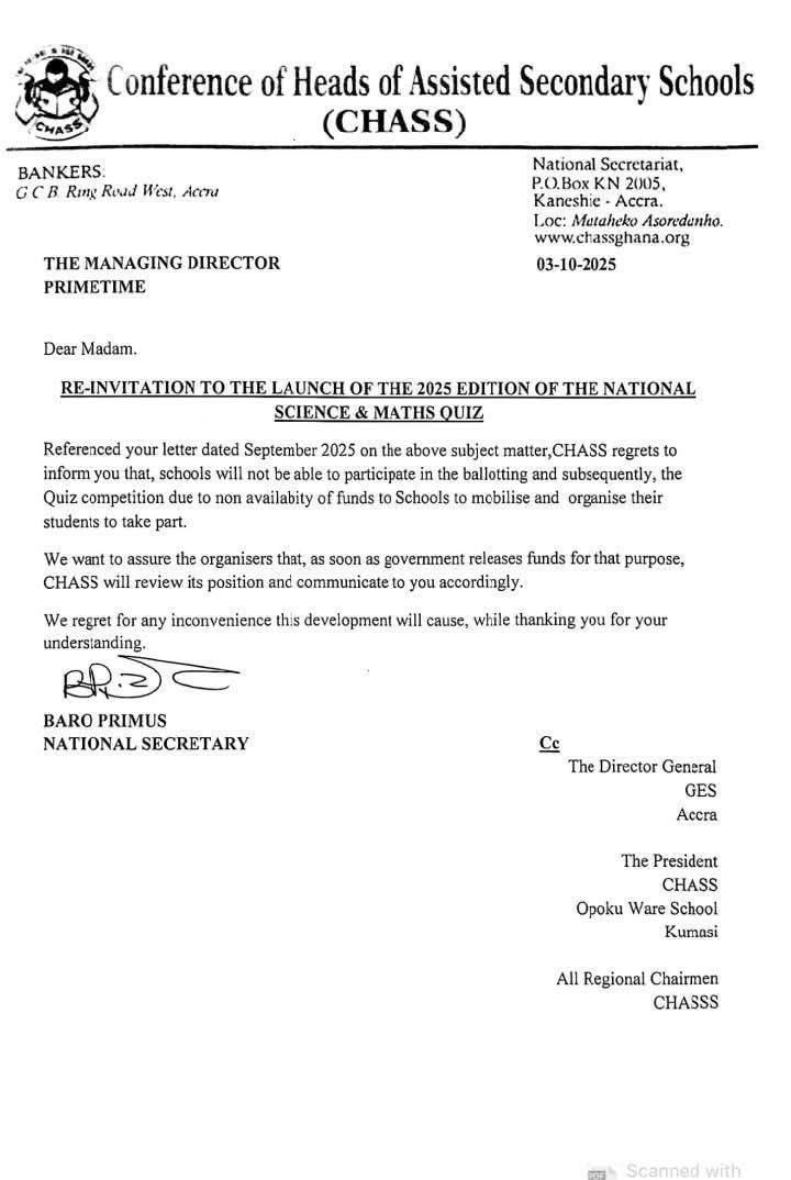 CHASS pulls out of 2025 National Science & Maths Quiz over funding challenges