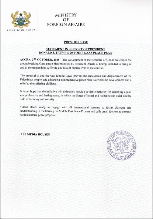 Ghana supports Trump's Gaza peace proposal Ghana supports Trump's Gaza peace proposal