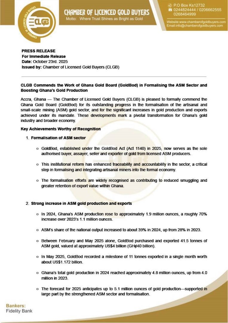 Chamber of Licensed Gold Buyers commend GoldBod for transforming ASM sector and boosting gold output