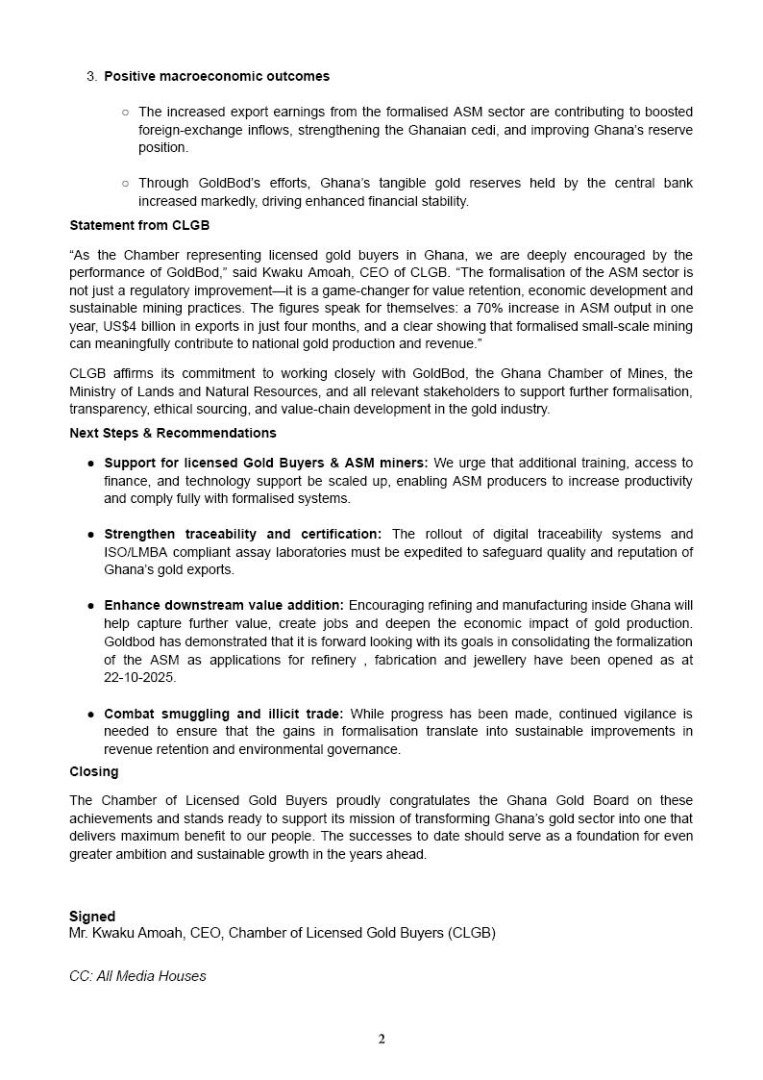 Chamber of Licensed Gold Buyers commend GoldBod for transforming ASM sector and boosting gold output