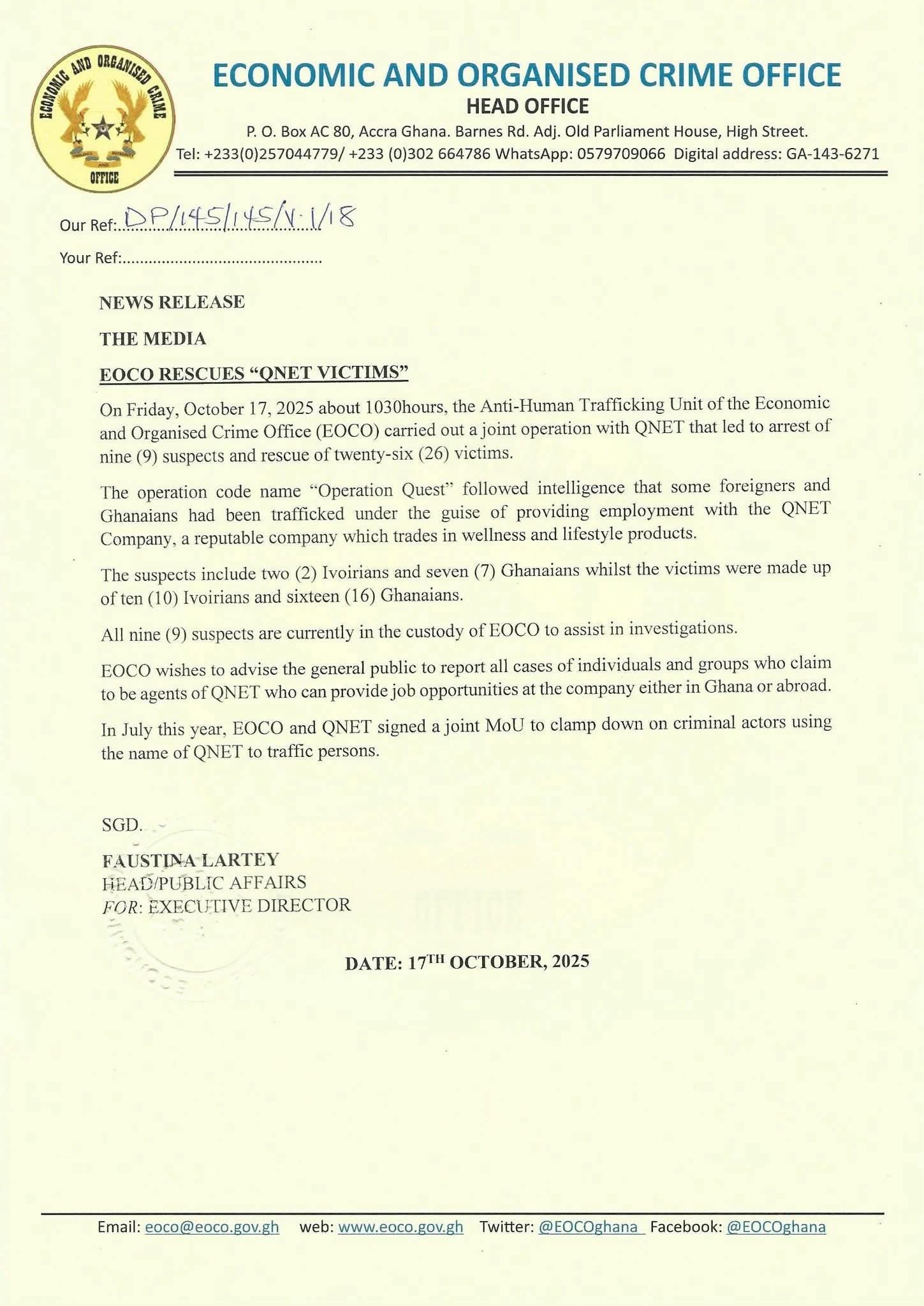 EOCO, QNET crack down on human trafficking syndicate; 9 arrested