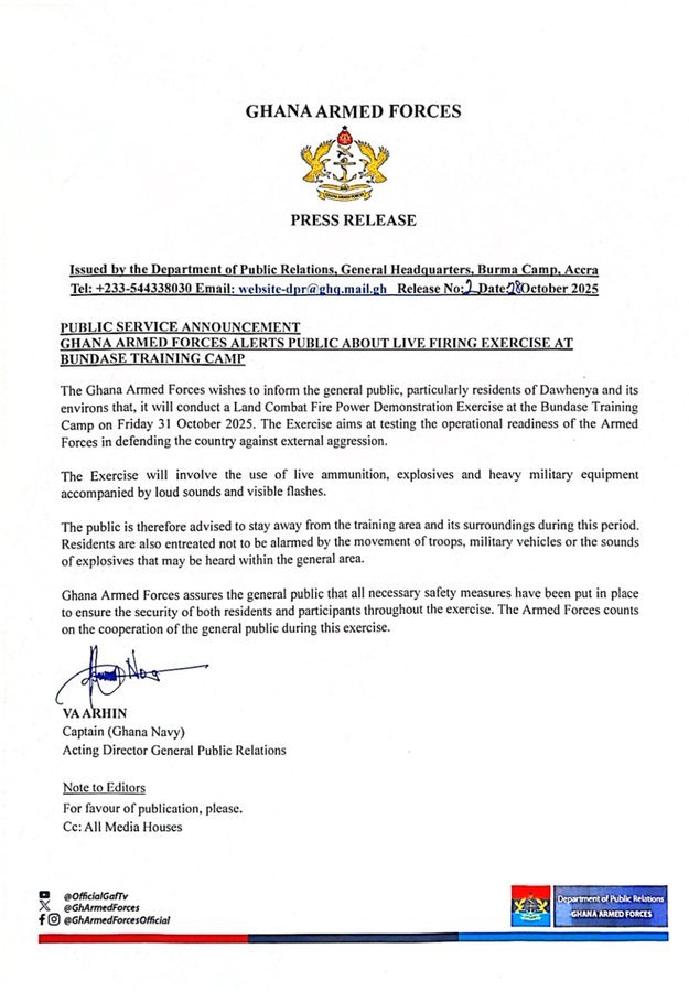 GAF to conduct live-firing exercise at Bundase Training Camp on Oct. 31