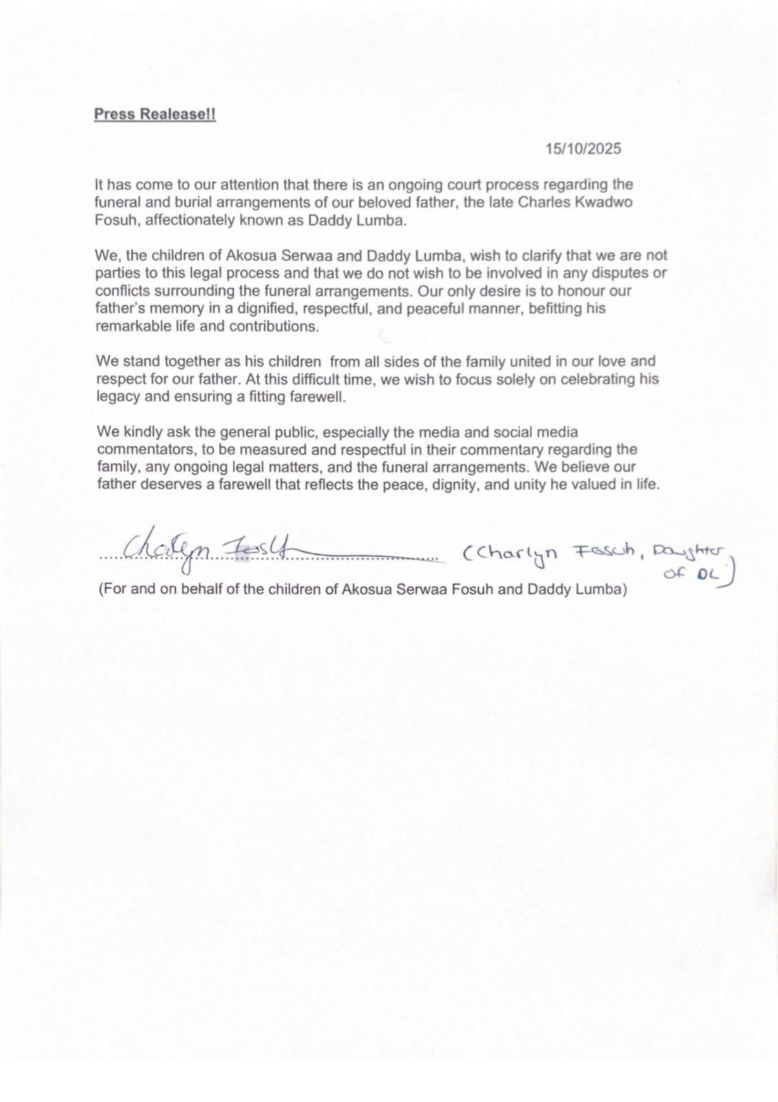 Daddy Lumba's children distance themselves from funeral injunction and disagreements