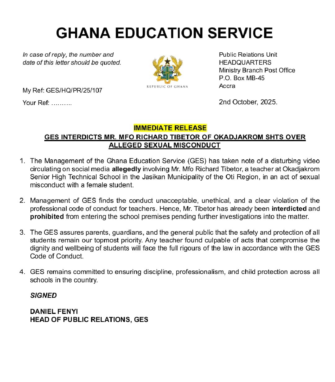 GES reassures students' safety following interdiction of Okadjakrom SHTS teacher over alleged sexual misconduct GES reassures students' safety following interdiction of Okadjakrom SHTS teacher over alleged sexual misconduct