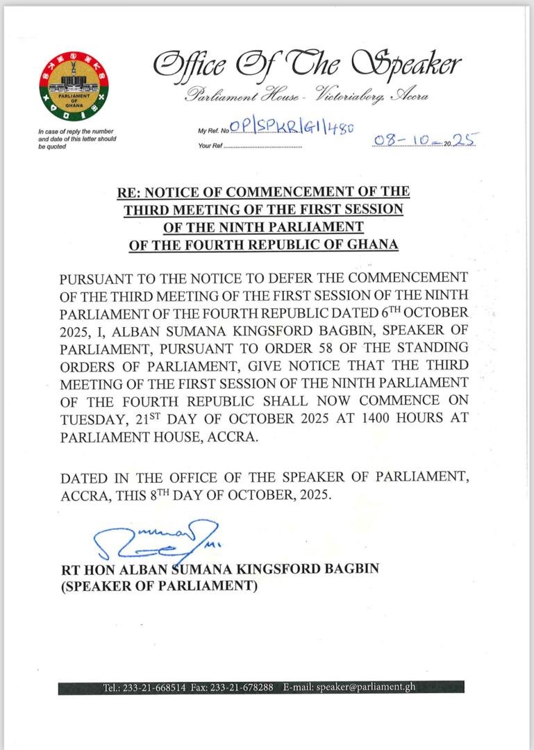 Parliament to resume sitting on October 21