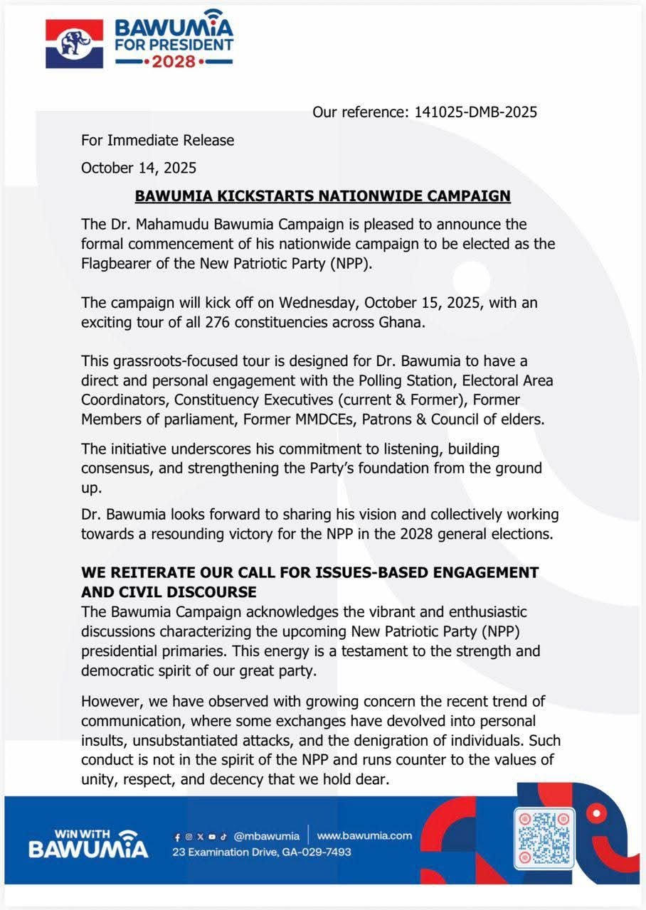 Bawumia kicks off nationwide campaign tour, issues directive against targeted insults at other aspirants