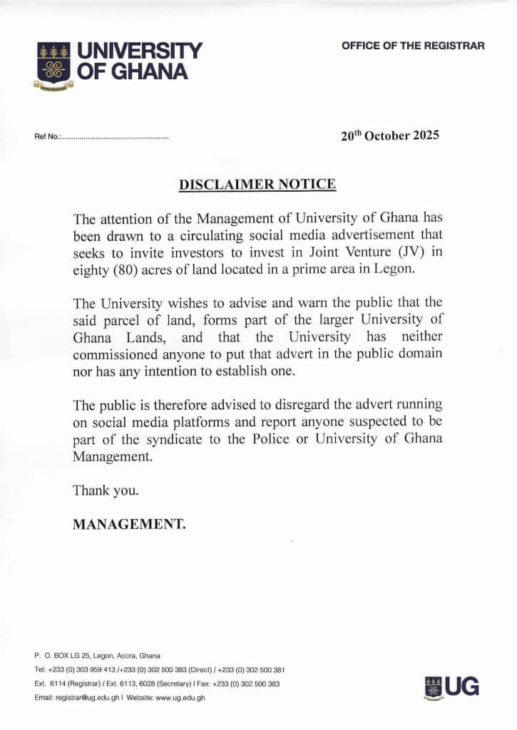 University of Ghana debunks fake land investment advert