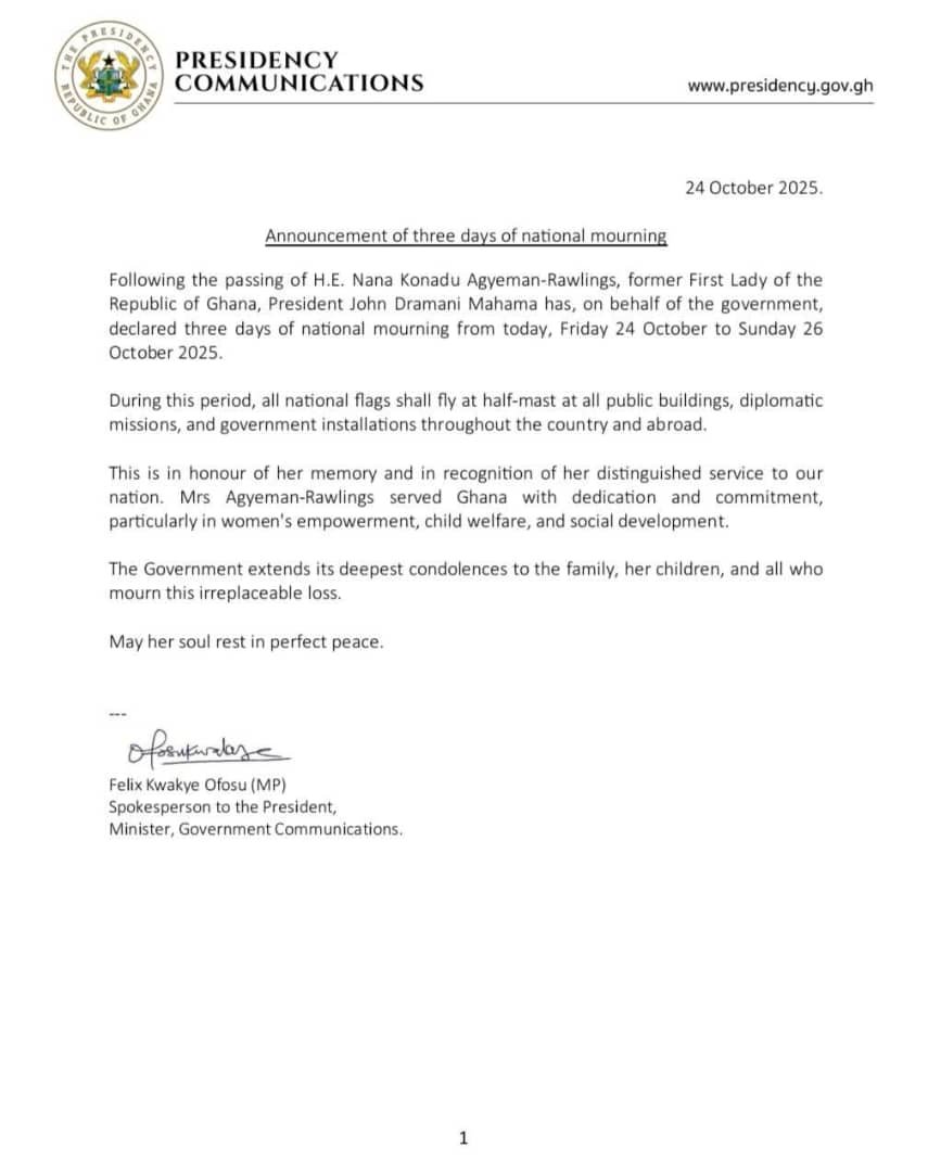 Government declares three days of national mourning for Nana Konadu Agyeman-Rawlings