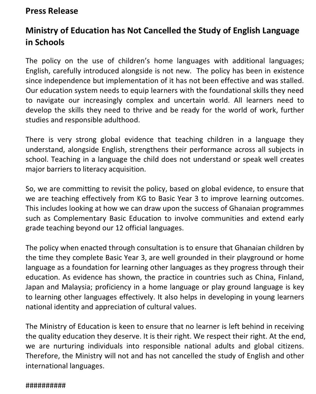 English Language is not cancelled in schools - Education Ministry clarifies