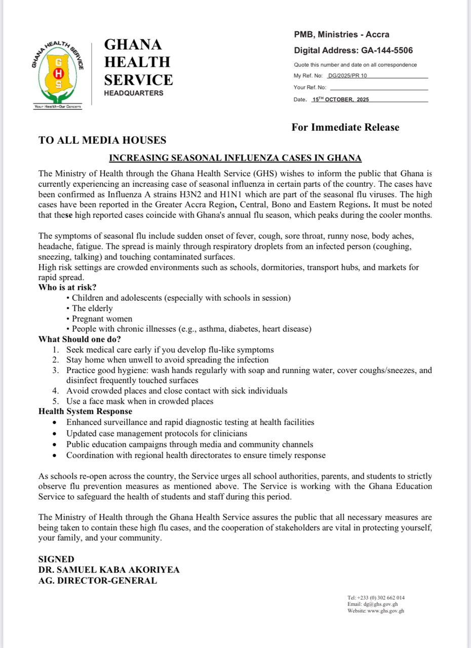 Ghana Health Service urges public to stay alert as seasonal influenza cases rise