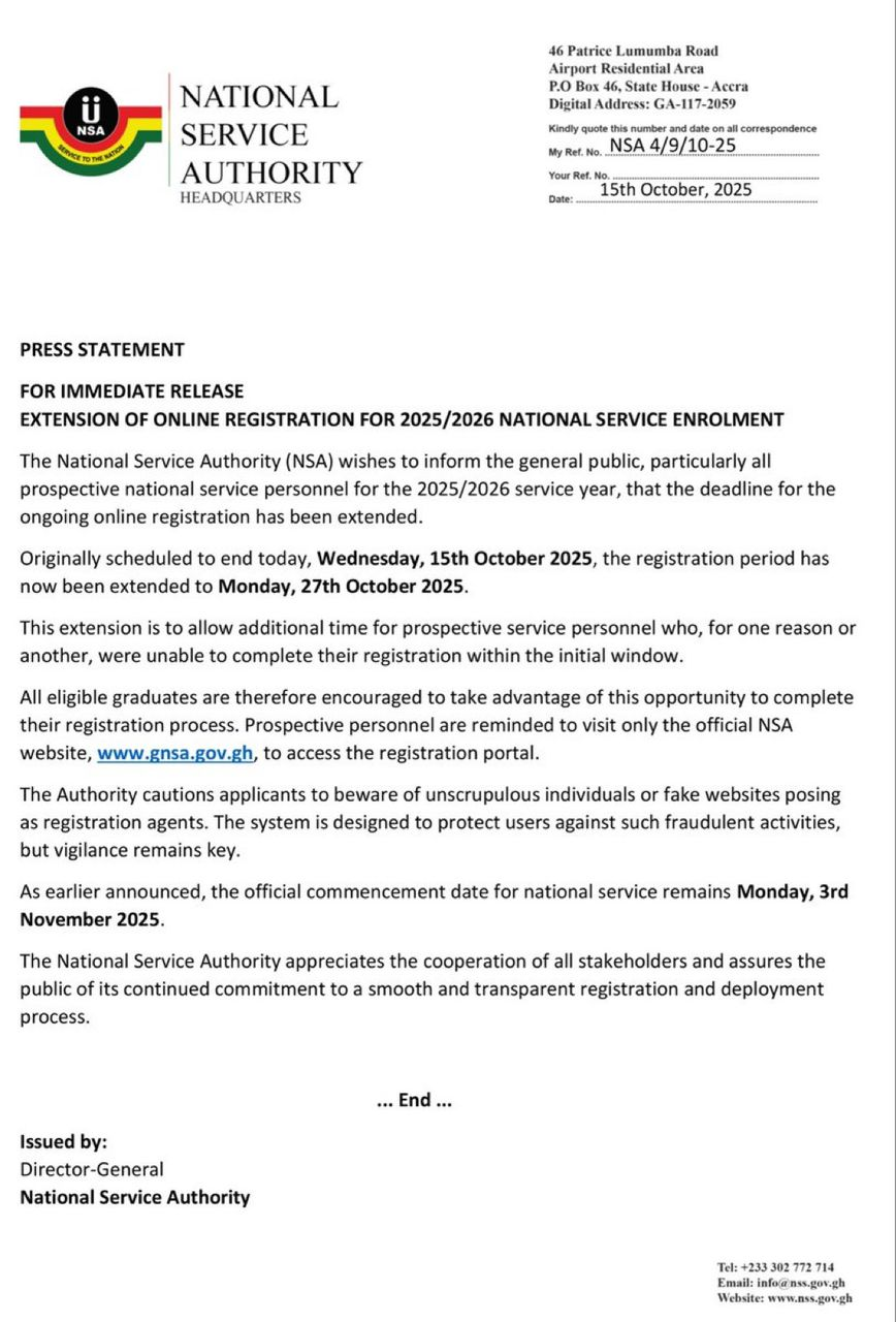 NSA extends registration deadline for 2025/2026 enrolment