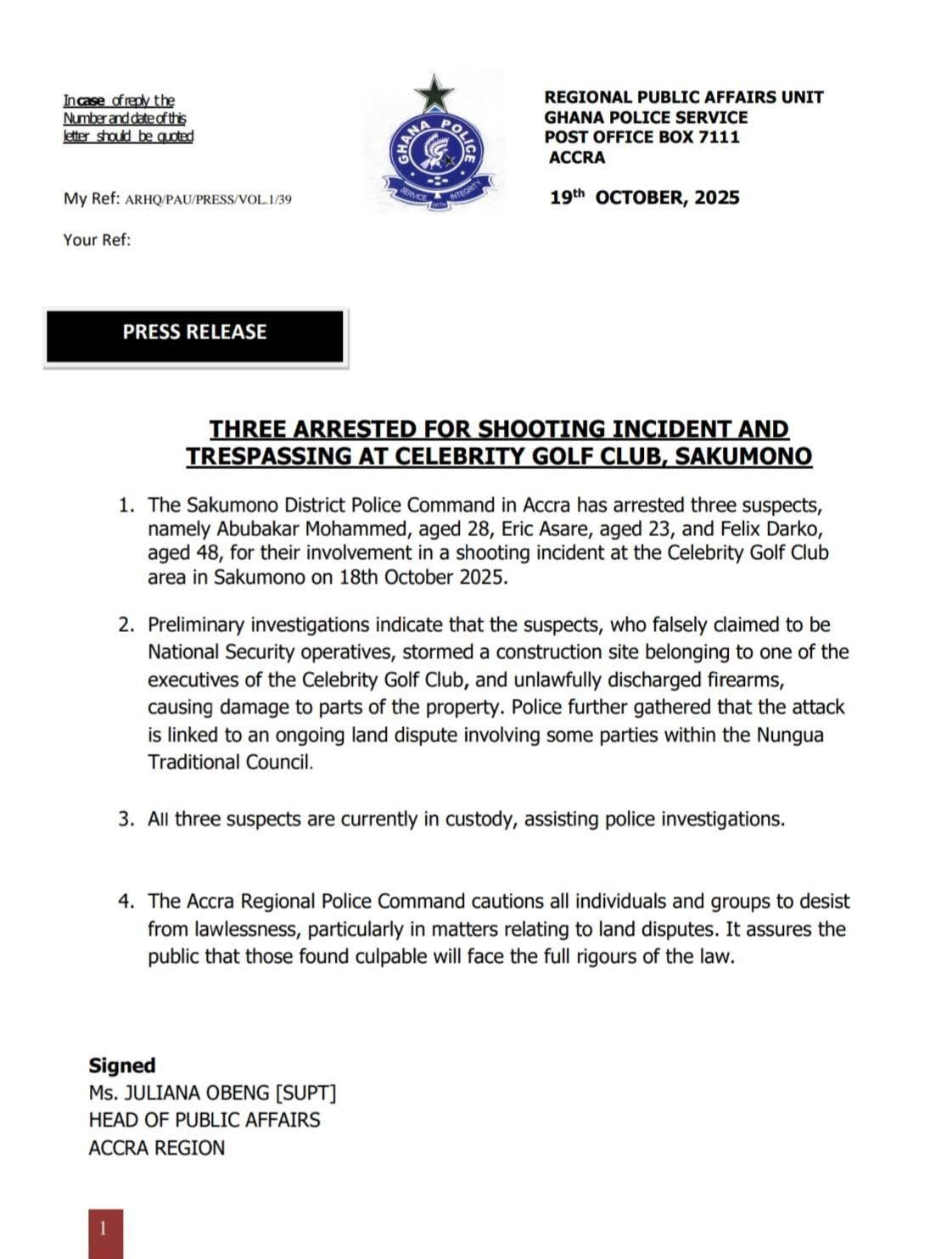 Three arrested for posing as National Security operatives in shooting incident at Celebrity Golf Club