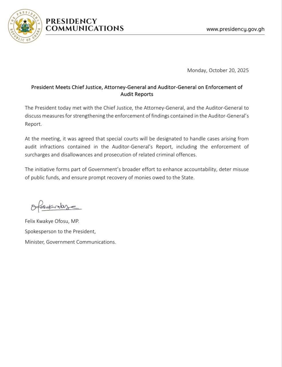 Mahama meets justice officials to strengthen enforcement of Auditor-General’s Report