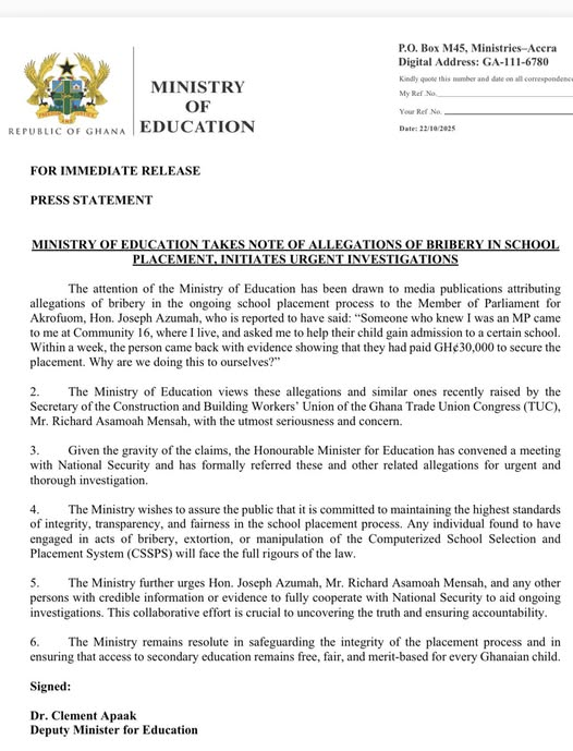 Ministry of Education refers school placement bribery allegations to National Security